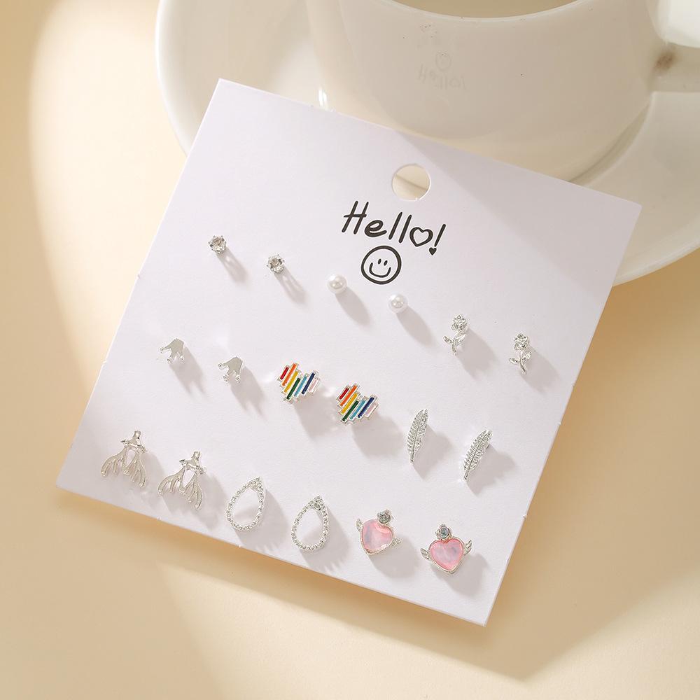 Premium 9-Pair Stud Earring Set Daily Princess Style Heart Flower Alloy Earrings for Women Ships within 18 Hours