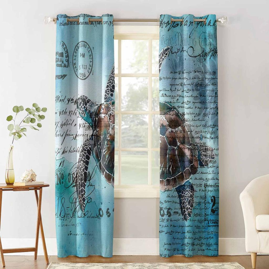 Letnie Oceaniczne Żółwie Akwarela Retro Zasłony Zaciemniające Do Salonu Sypialni Drukowane Dekoracje Okienne Zasłony Wystrój Domu