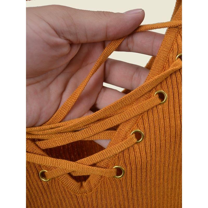 Foreign Trade Original Order Lace-up Slim fit High Elastic Knitted Bottoming Shirt Early Autumn Solid Curved Hem Backless Skin-friendly Pullover