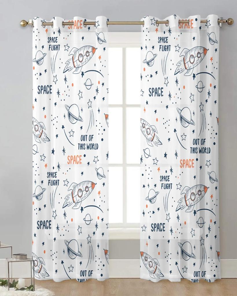 Universe Space Rocket Cartoon White Tulle Sheer Curtains for Living Room Decor Window Curtain for Bedroom Voile Organza Drapes