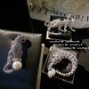 Sri Lanka Sapphire Cheetah Brooch Vintage Plated 18K Gold, Curved Cheetah Zircon Pearl Brooch