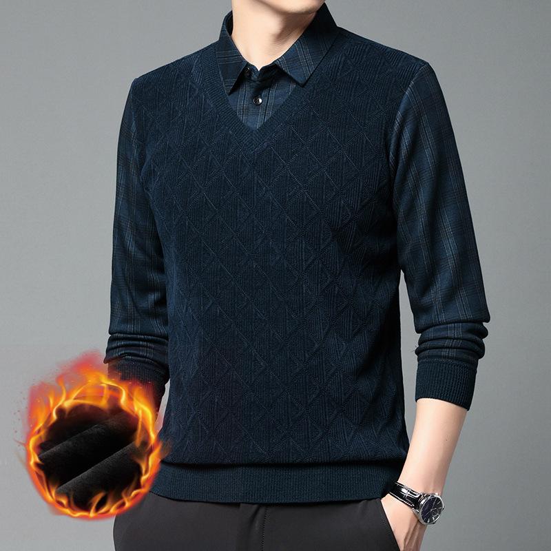 

Мужской теплый свитер с лацканами из искусственной овечьей шерсти, состоящий из двух частей, для людей среднего и пожилого возраста, плюс бархат, утолщенные полосы, повседневный XXXXL