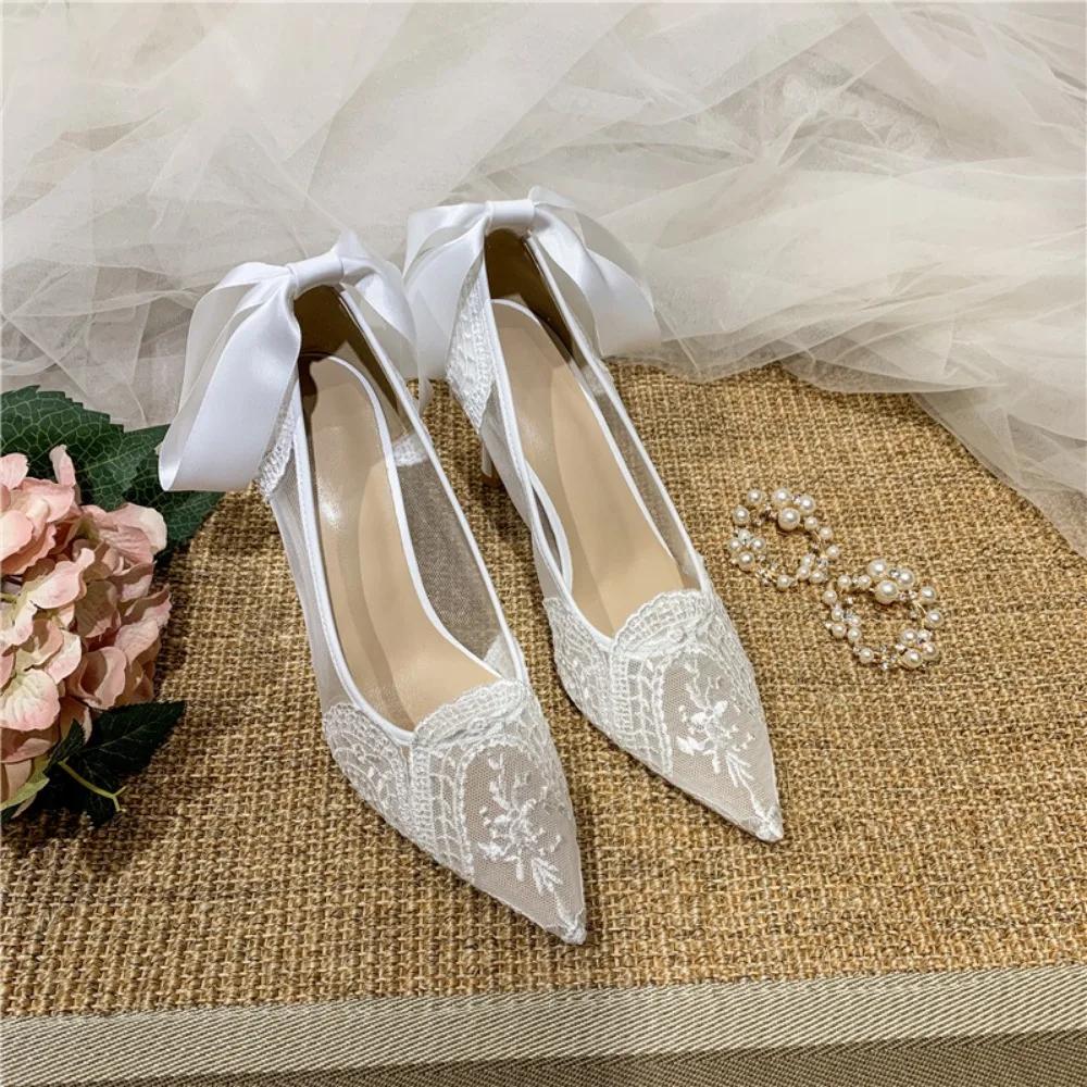 Fashion White Heels French Dress Wedding Shoes Lace Bridesmaid Shoes White Pointed High Heels Women's Stiletto Design Bridal Shoes