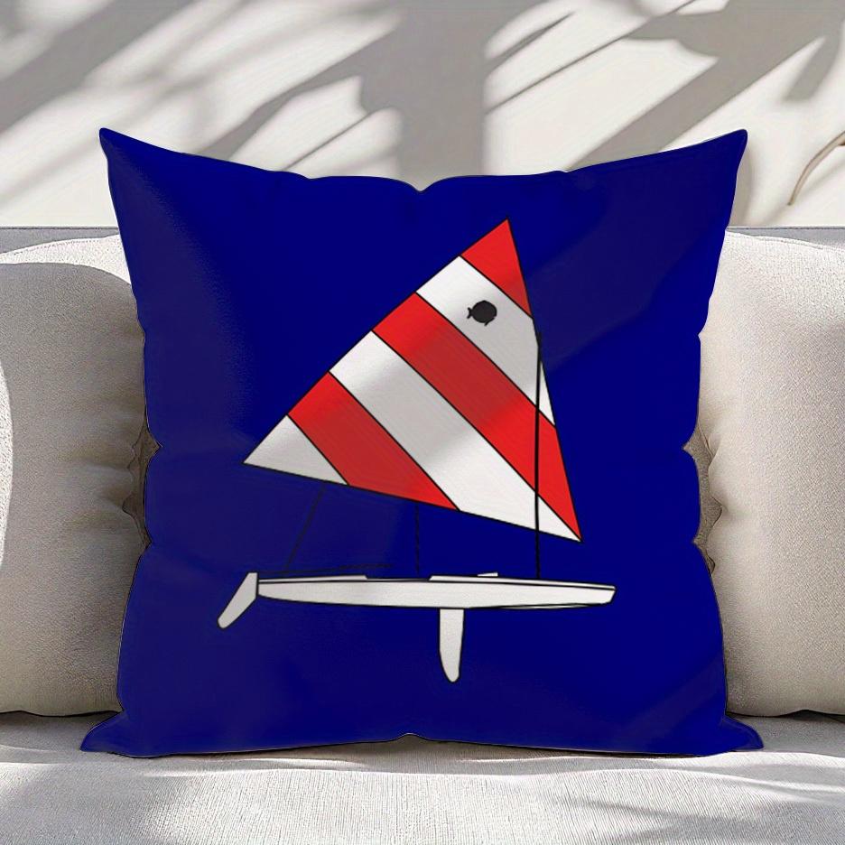 pc D Flat (Pillow Not Included) Blue Sailboat Nautical Cushion Cover Short Plush Marine Style Sofa Pillow Case Summer Decor