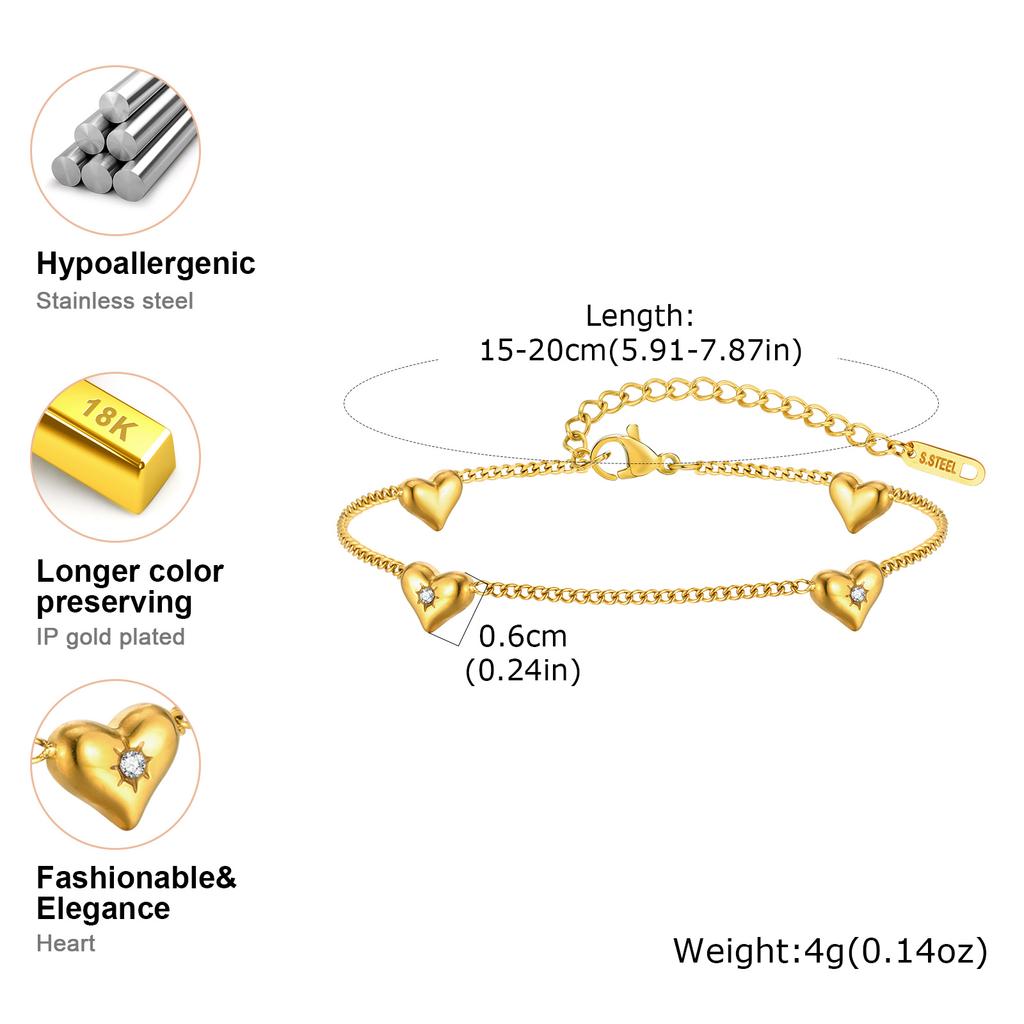 Stainless Steel Vintage Golden Heart zircon Bracelet For Women Fashion Chain Bracelets New Fashion Wrist Jewelry Girl Gift