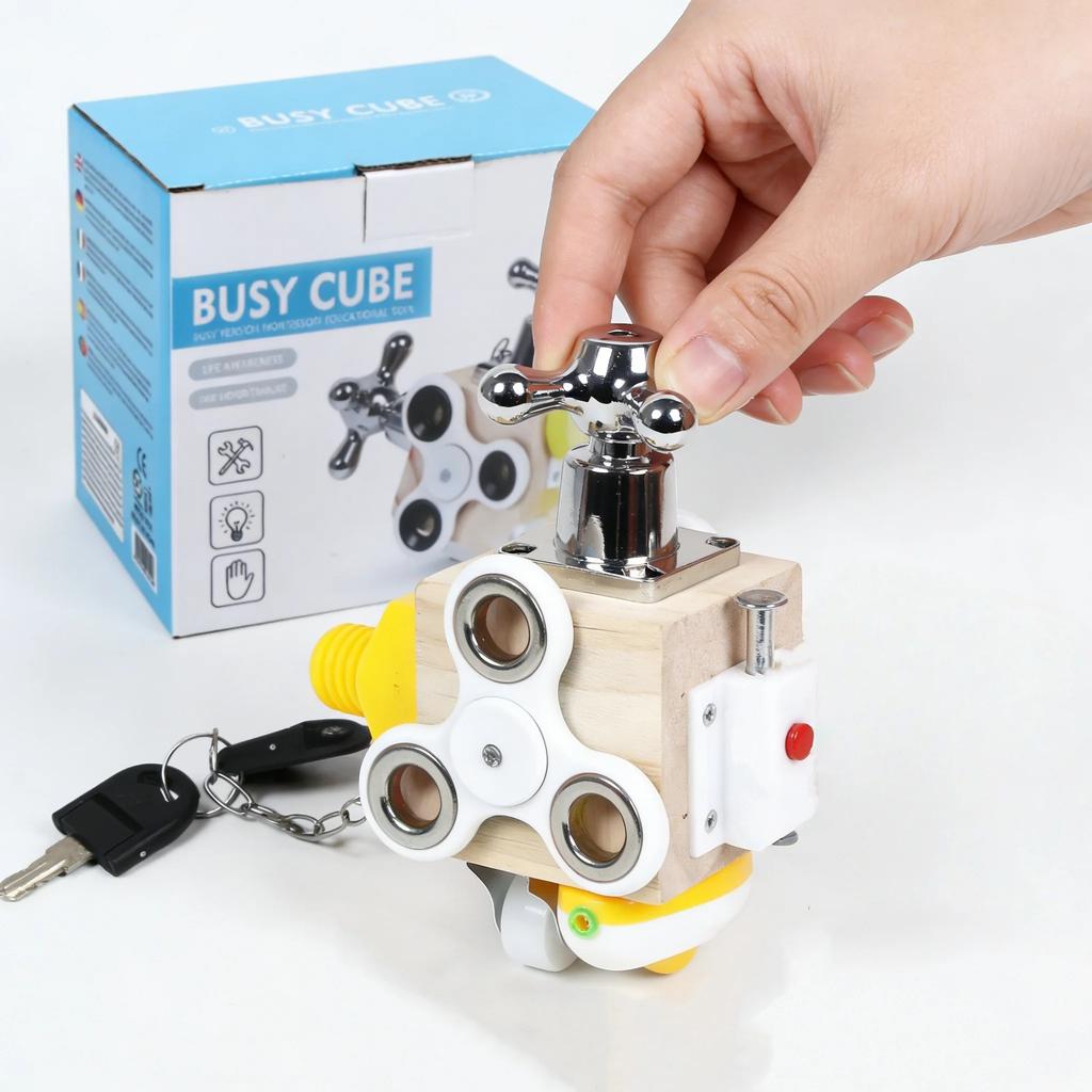 Cubo Occupato Montessori Giocattolo Educativo Multisensoriale Allenamento Motricità Fine Bambini Presa della Mano Portachiavi Portatile Strumento
