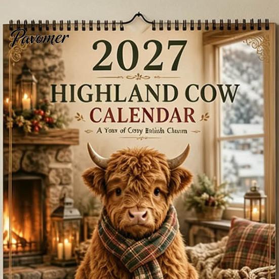 Thick Paper Monthly Planner 2027 Highland Cow Seasons Calendar, 12-Month Desk with Cute Art, Decorative Wall Hanging Daily Organizer for Home Office,