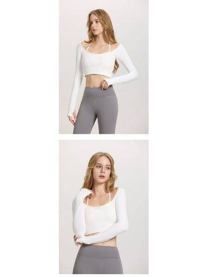 Women's Ribbed Halter Neck Yoga Top with Long Sleeves and Pads - High Elastic Cropped Fitness Top for Autumn/Winter