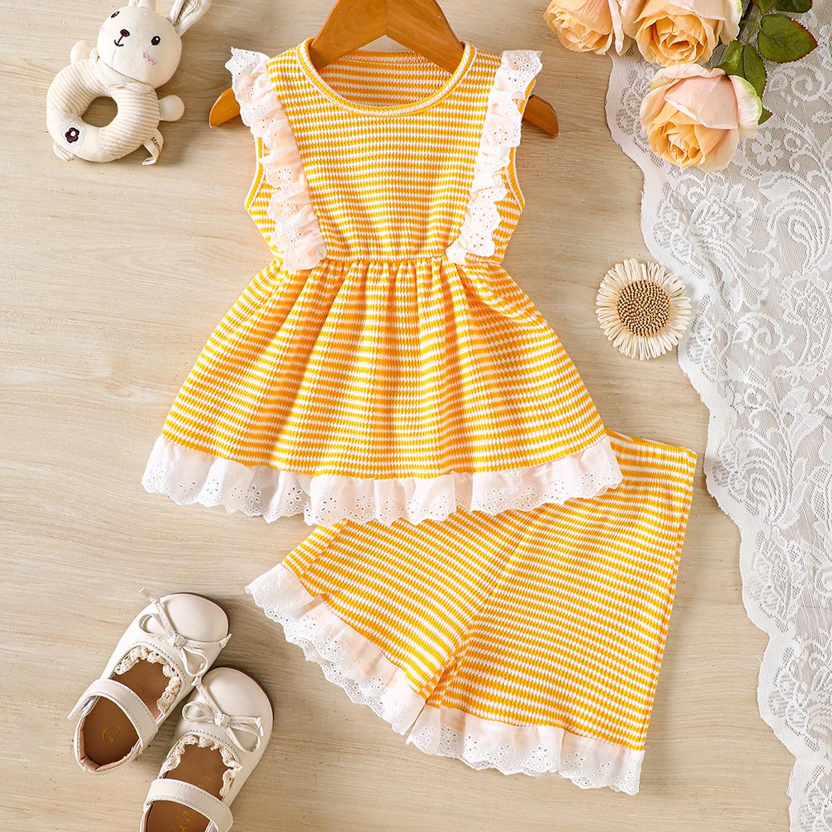 

Hot-Selling Baby Girl Striped Lace Short-Sleeve Set 12-18 Months жёлтый