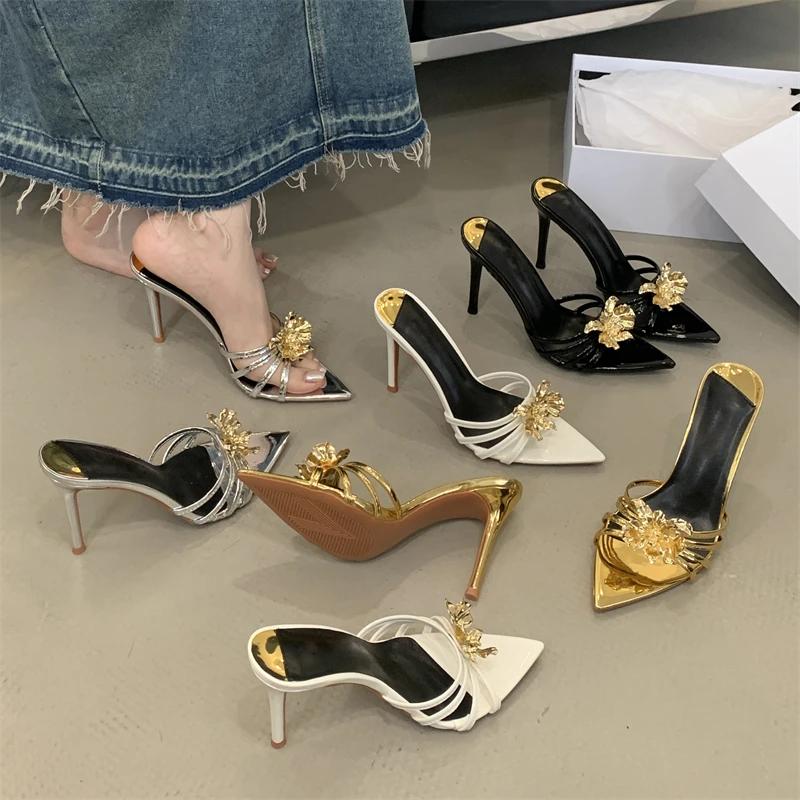 Fashion Eilyken Summer Design Metal Flower Narrow Band Pointed Toe Women Slippers Thin Heels Party Prom Slide Shoes Zapatillas De Mujer