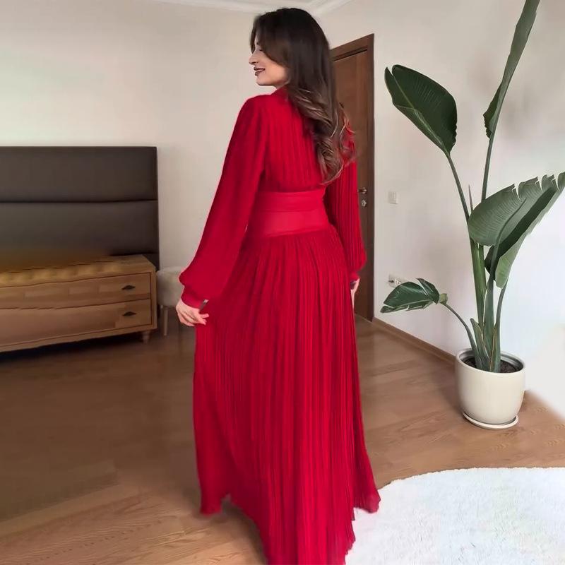 Women's Fashion Solid Color Long Sleeve Polo Collar Button Pleated Dress