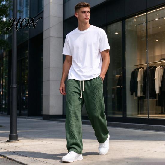 Versatile Outdoor Activewear Men Waffle Baggy Trousers, Wide Leg Drawstring Waist Slacks, Loose Fit Relaxed Travel Pants Casual Sweatpants with