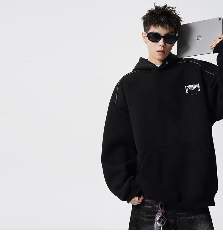 Men's Autumn Black Demon Cat Print Heavyweight Loose Fit Hoodie
