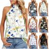 Women's Sexy Round Neck Pleated Vintage Flower Print Sleeveless Strappy Tank T-Shirt Tops