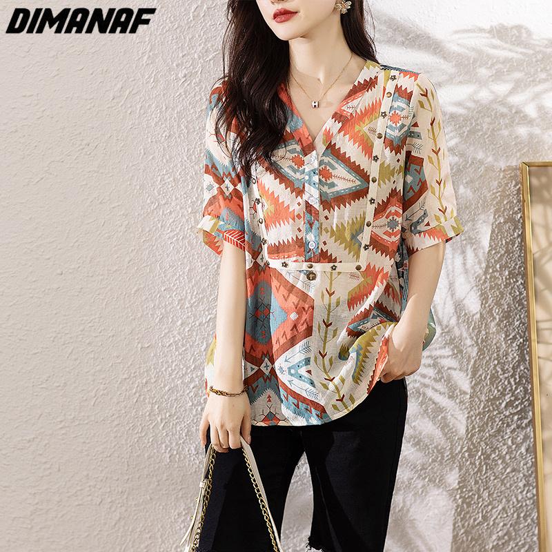 

DIMANAF 2023 Женская блузка больших размеров льняная футболка повседневные топы свободный принт летние футболки с коротким рукавом с V-образным вырезом с коротким рукавом