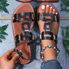 Fashion Women Sandals Comfortable with Metal Decoration Shoes for Women Flat Casual Beach Shoes New Round Headed Leather Ladies Sandals