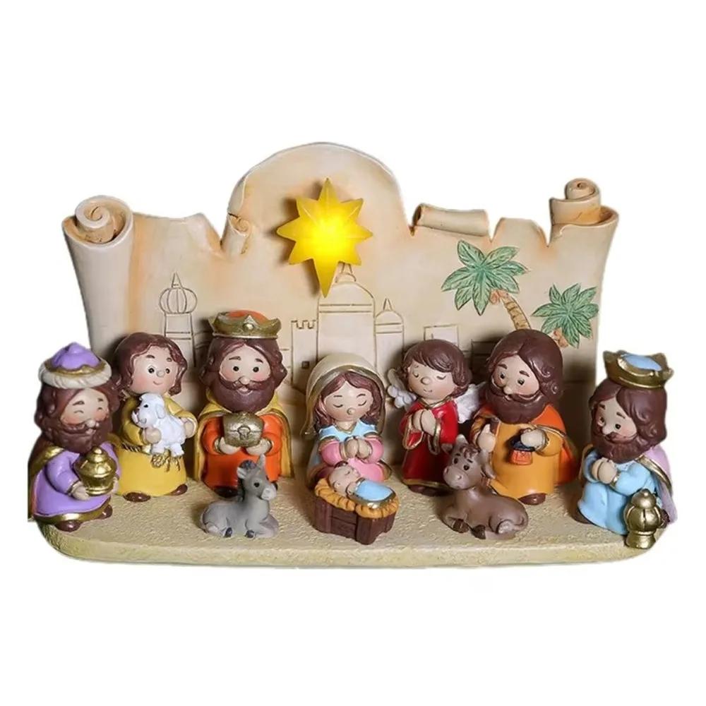 Resin Nativity Manger Ornament Cartoon Miniature Nativity Figurine Hand Painted LED Lights Holy Family Sculpture Church Display