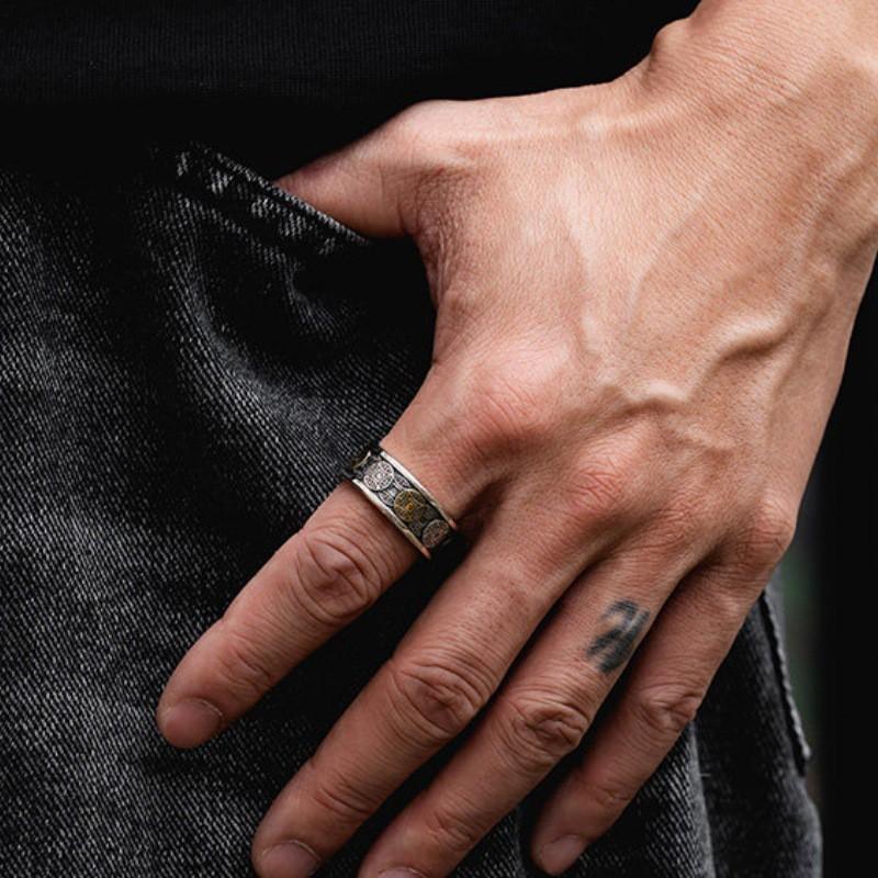 Adjustable Copper Coin Ring Men Women Vintage Style Open Finger Retro Geometric Design
