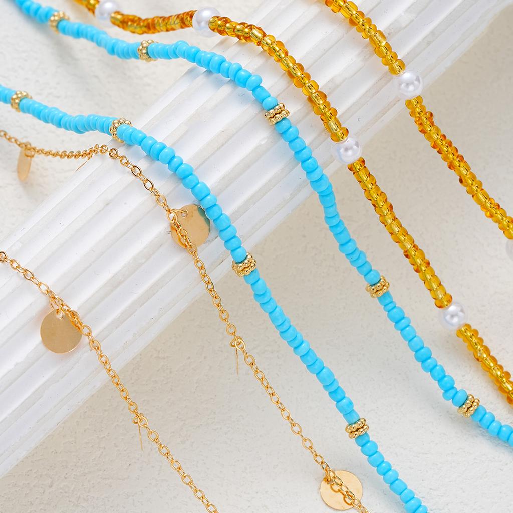 3Pcs Bohemian Multilayer Rice Beaded Tassel Waist Chain Vintage Imitation Pearl Blue Gold Color Body Chain Summer Bikini Jewelry