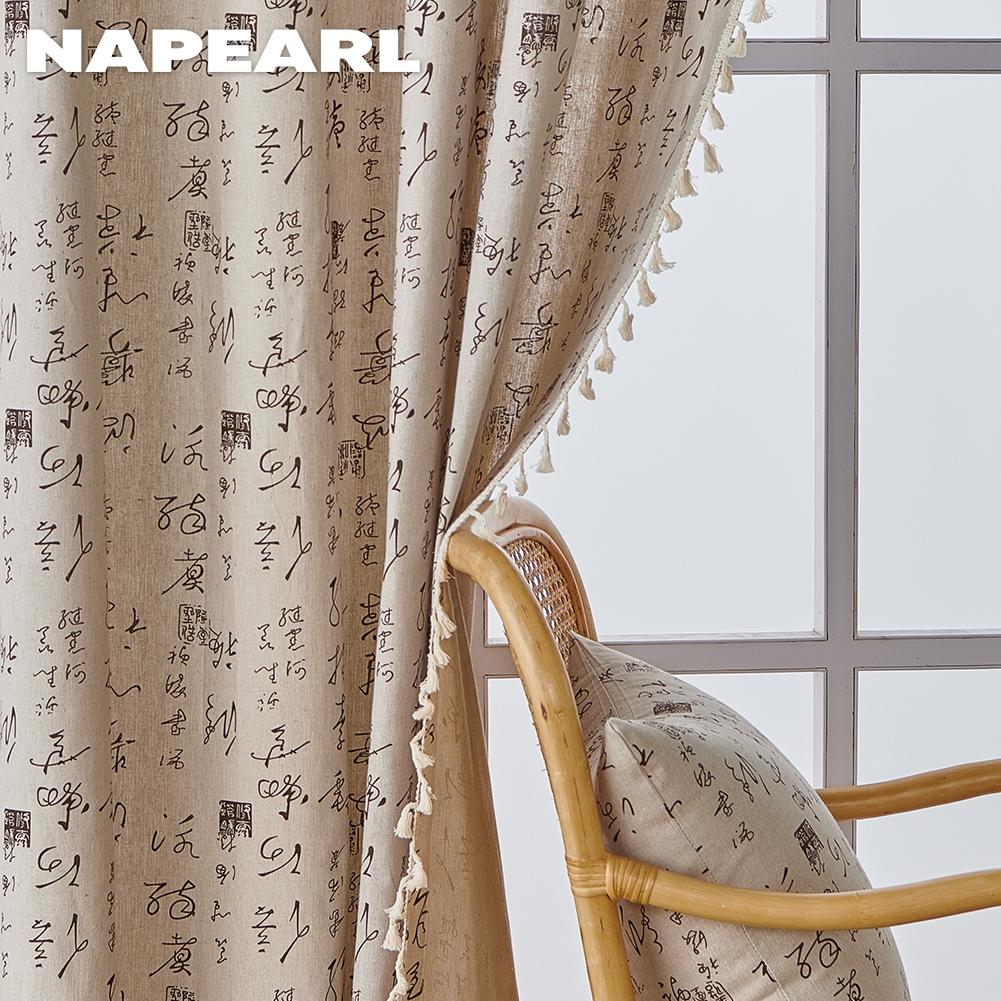 1PC NAPEARL Artistic Chinese Calligraphy Pattern Tassel Decoration Semi Blackout Curtain for Windows Balcony Bedroom and Living Room Home Decor