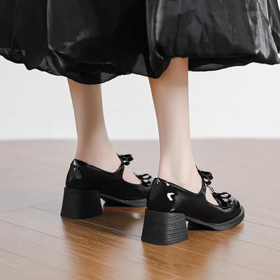 Chaussures en cuir petites style Hepburn français noir talons hauts talon épais semelle souple pieds non fatigués bout rond bouche légère nœud Mary Jane