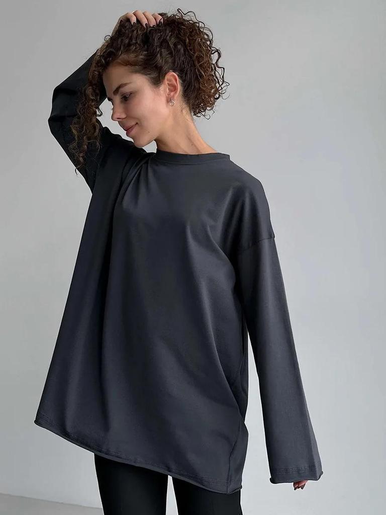 Frühling 2024 Damen reines Baumwoll-T-Shirt mit lockerem Schnitt und langen Ärmeln - GUIYAKECOOL