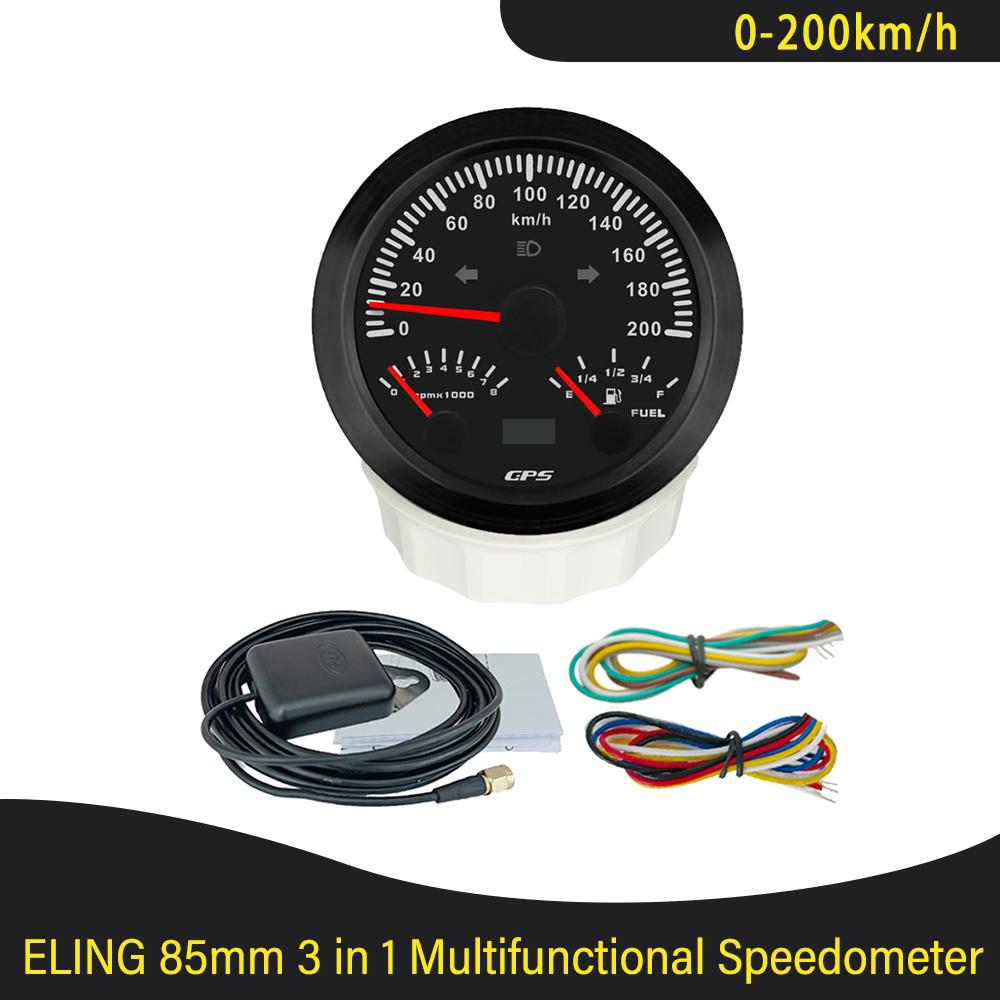 Universal 85mm 3 in 1 Multifunctional 0-120 0-200 KM MPH GPS Speedometer with 8000RPM Tachometer Fuel Level 7 Colors Backlight