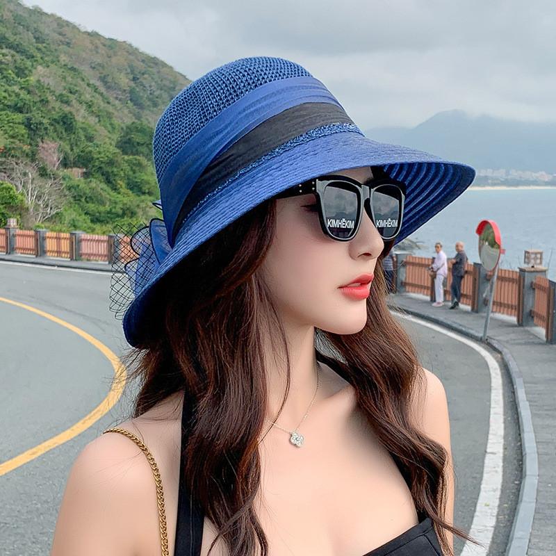Женская широкополая шляпа от солнца в винтажном стиле с узором из камелий и функцией защиты от солнца для лета Dark Blue