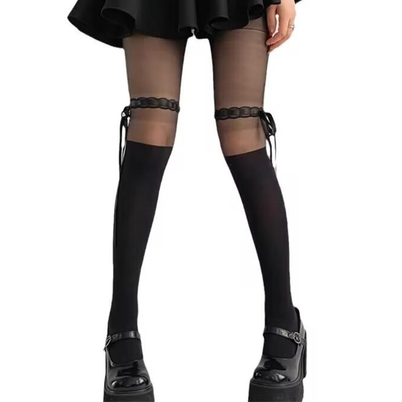 Women s Cute Ribbon Bows Tights with Sheer Design Patchwork Pantyhose Mock Knee High Stockings for Casual and Parties