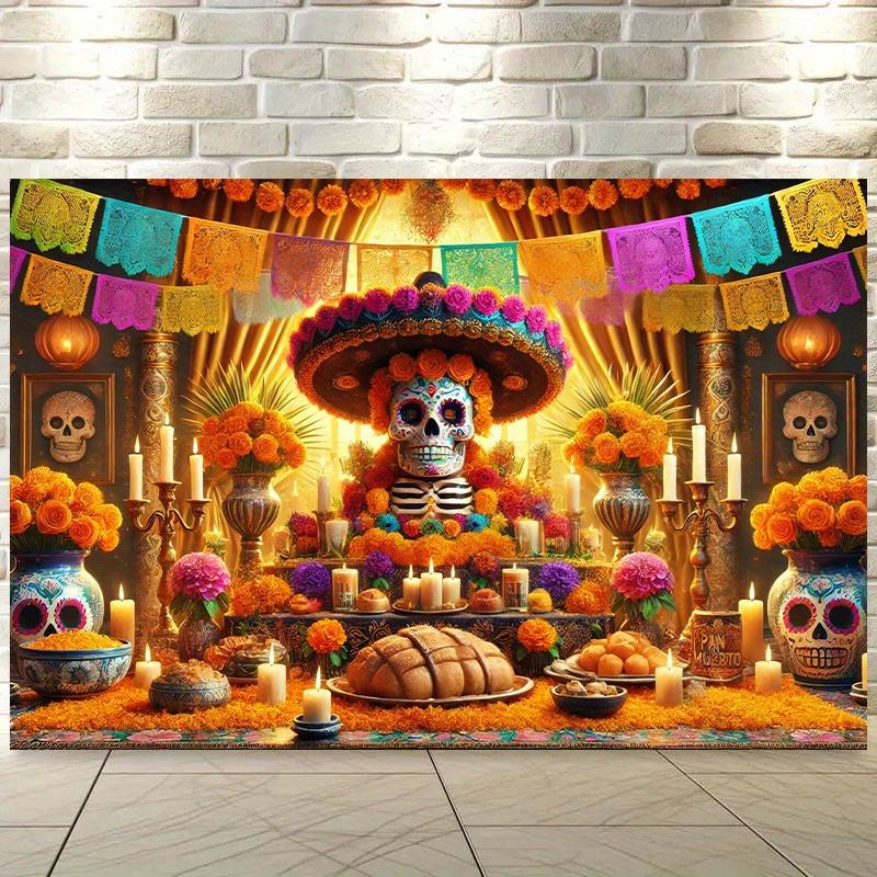1 Day of the Dead Background Banner - Bright Sugar Skull Altar Design, Durable Polyester, Home Decoration