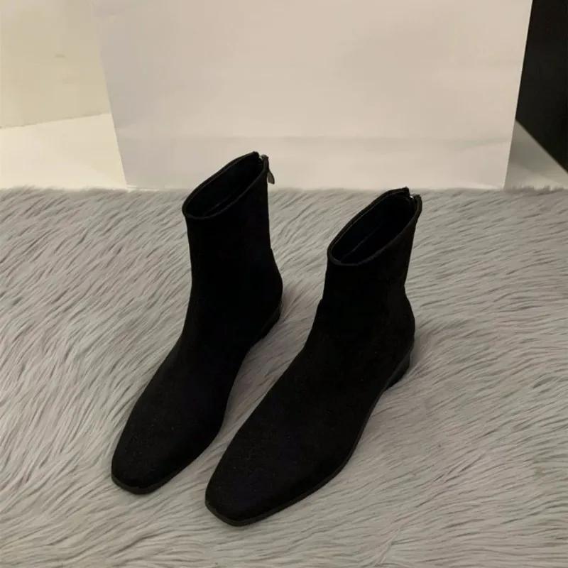 Fall Winter Women's French Style Short Boots Trendy Slim Fit Chunky Heel Versatile Adult Square Toe Rubber Bottom Ankle Boots