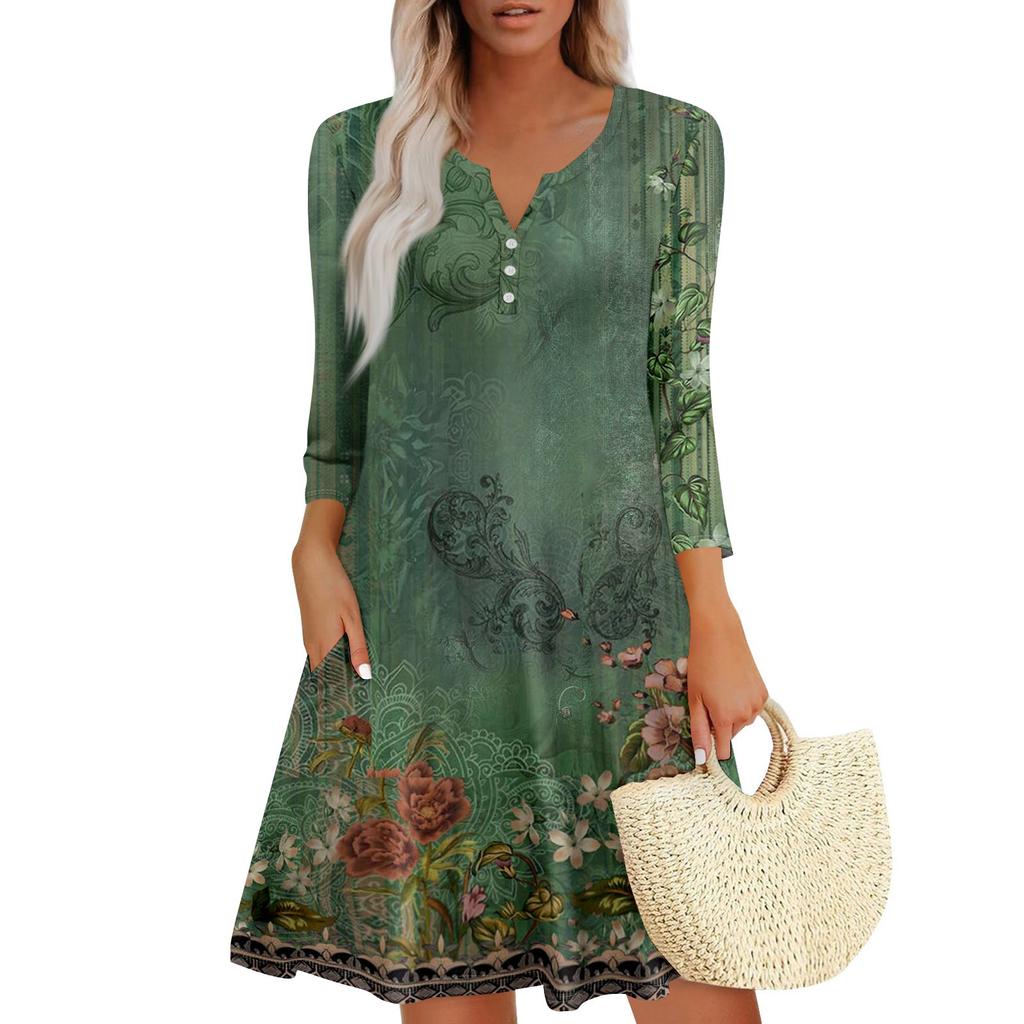 Women's Summer Dress Loose V Neck Three-quarter Sleeve Sundress With Pockets Dress
