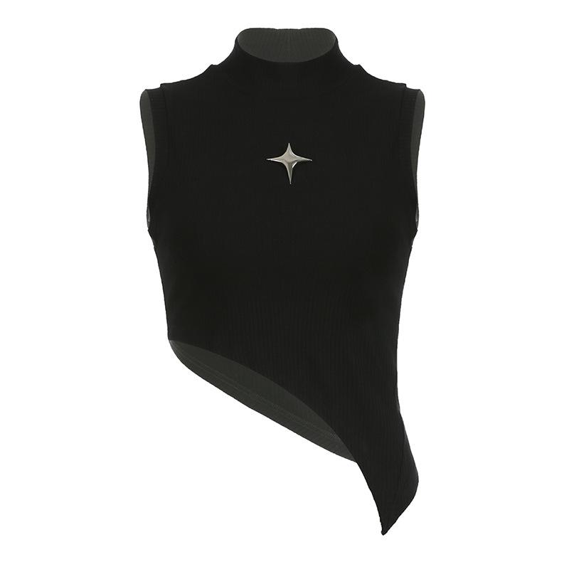 

Women Black Ribbed High Neck Sleeveless Asymmetrical Hem Star Decor Casual Crop Top S чорний