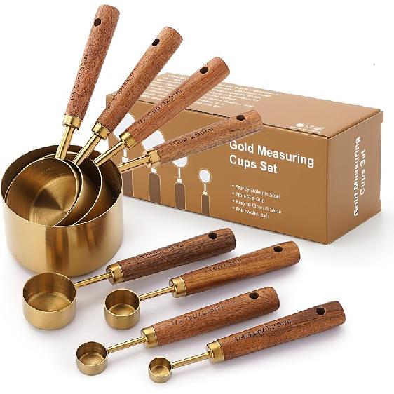 SHIKORI Gold Measuring Cups and Spoons Set with Wood Handles, Premium Stainless Steel Measuring Spoons and Measuring Cups Set-Gold