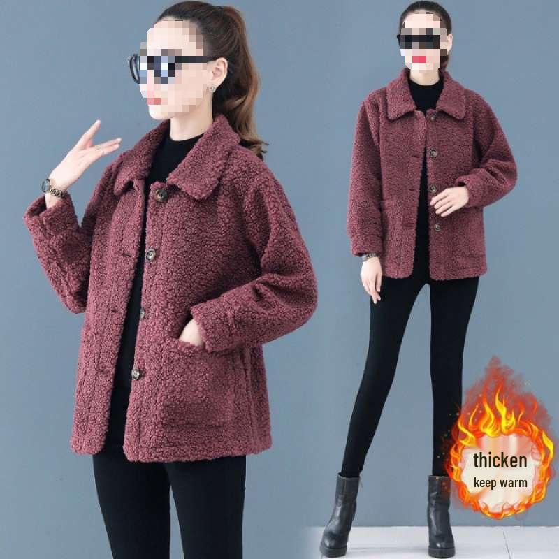 Stylish Faux Lamb Wool Coat for Women Aged 50-60: Warm Particle Velvet Top for Middle-Aged and Elderly Mothers
