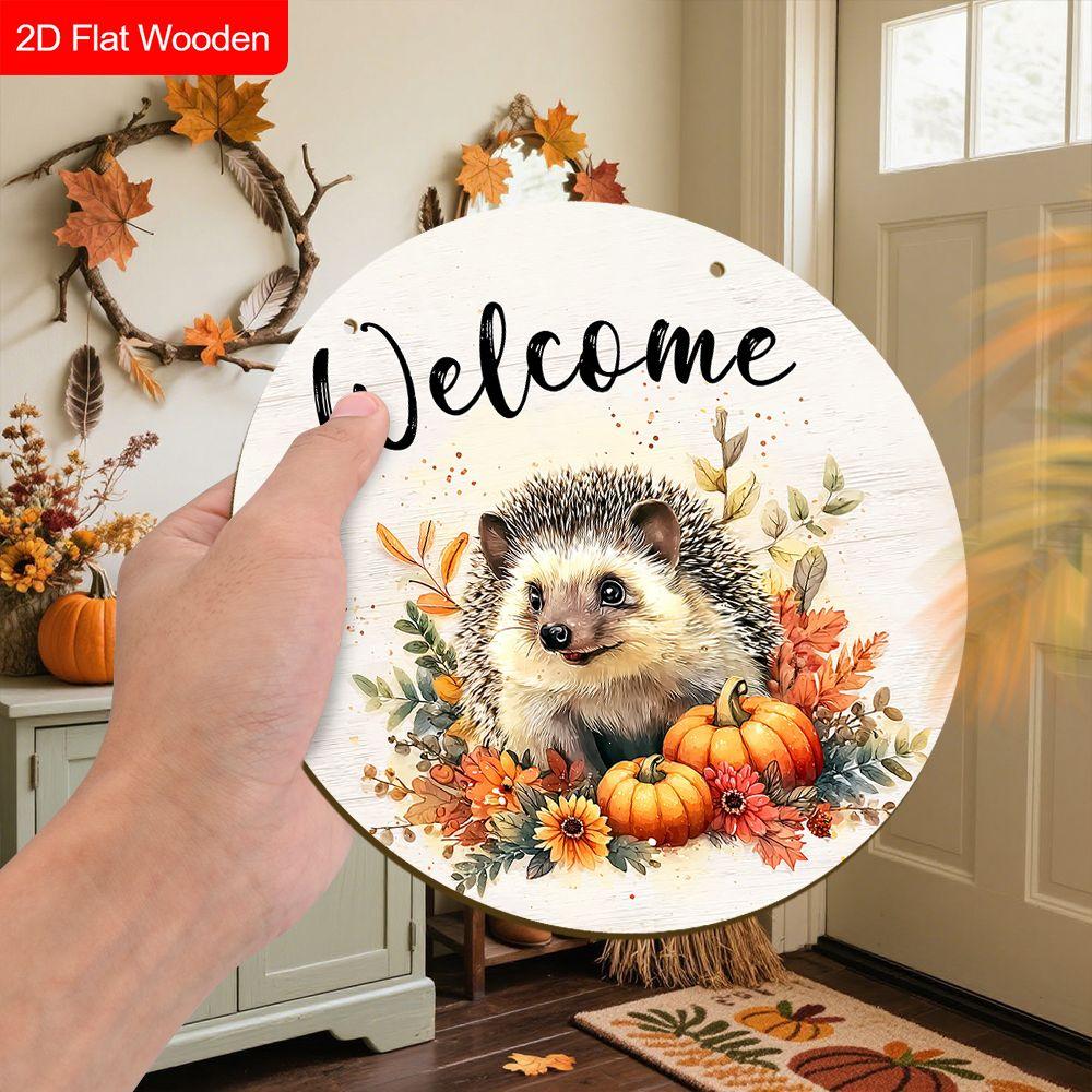 Garden decorations,autumn harvest festival decorations,wooden hanging decorative signs,"welcome" signs, hedgehog and pumpkin patterns,2D flat products
