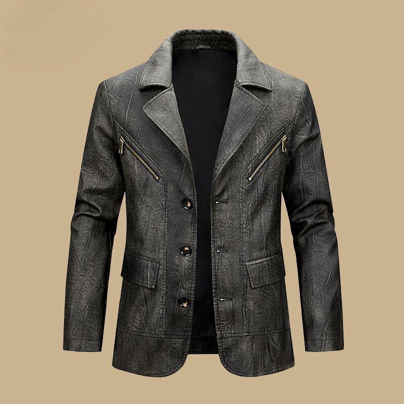 Men's Retro European & American PU Leather Motorcycle Jacket – Slim Fit, Trendy Design with Lapel Collar