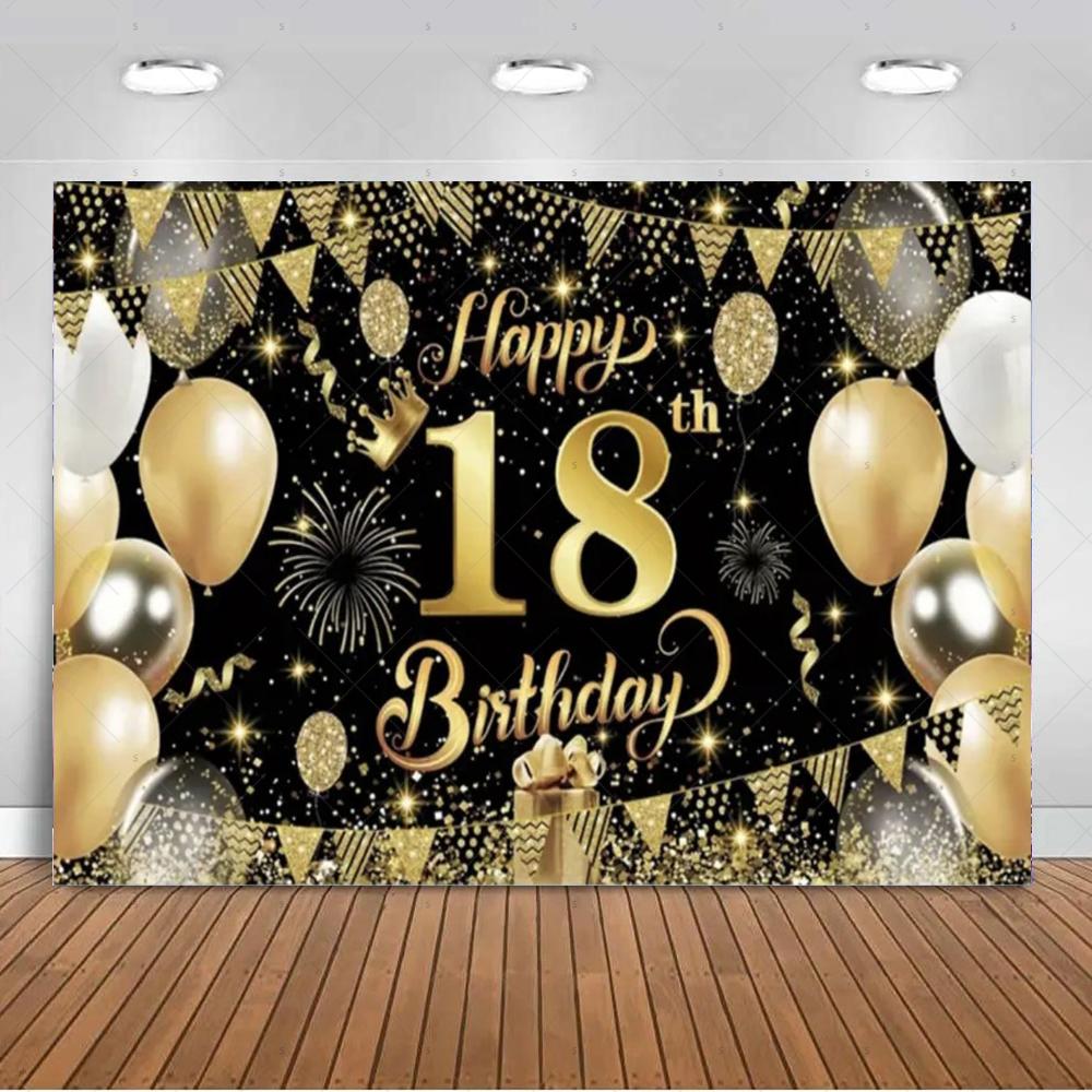 18th  Birthday Partys Decoration Backgound Black Gold Glitter Balloon Banner Women Men Boys Girls Bar Mitzvah Photography Props