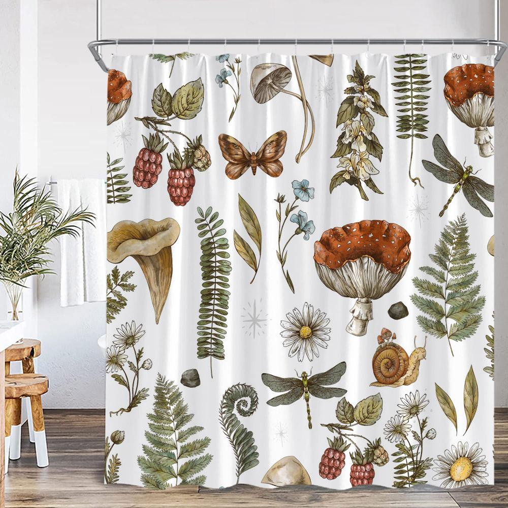 Vintage Mushroom Plant Shower Curtain Leaf Flower Retro Bathroom Decor Herb Polyester Fabric Bathtub Curtain With Hook