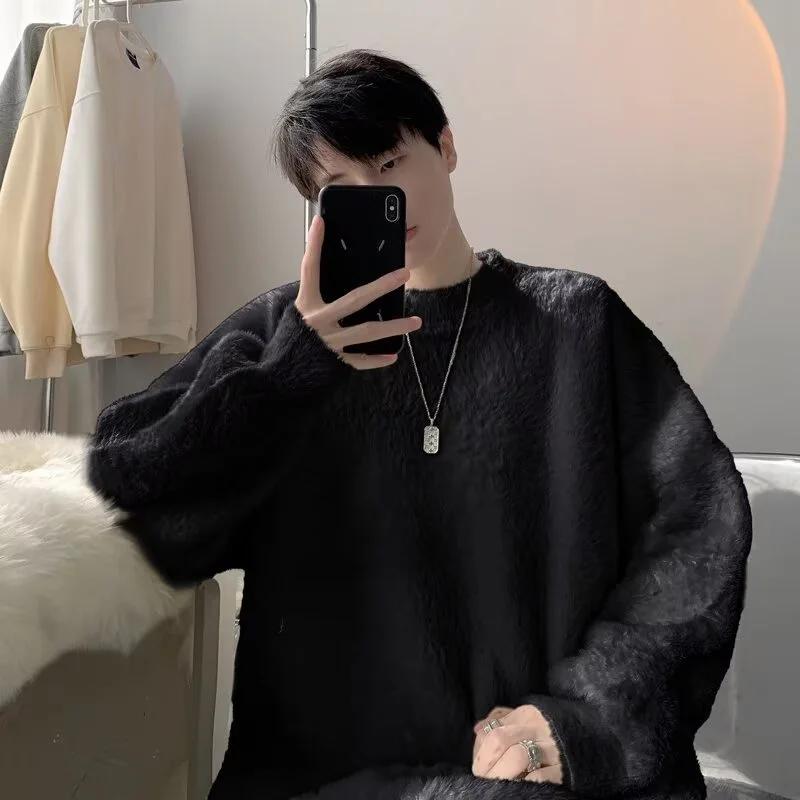 Autumn Solid Fluffy Warm Knitted Sweaters For Man New High Street Fashion Loose Pullovers 2025 New Y2K Vintage Knitwear Jumpers
