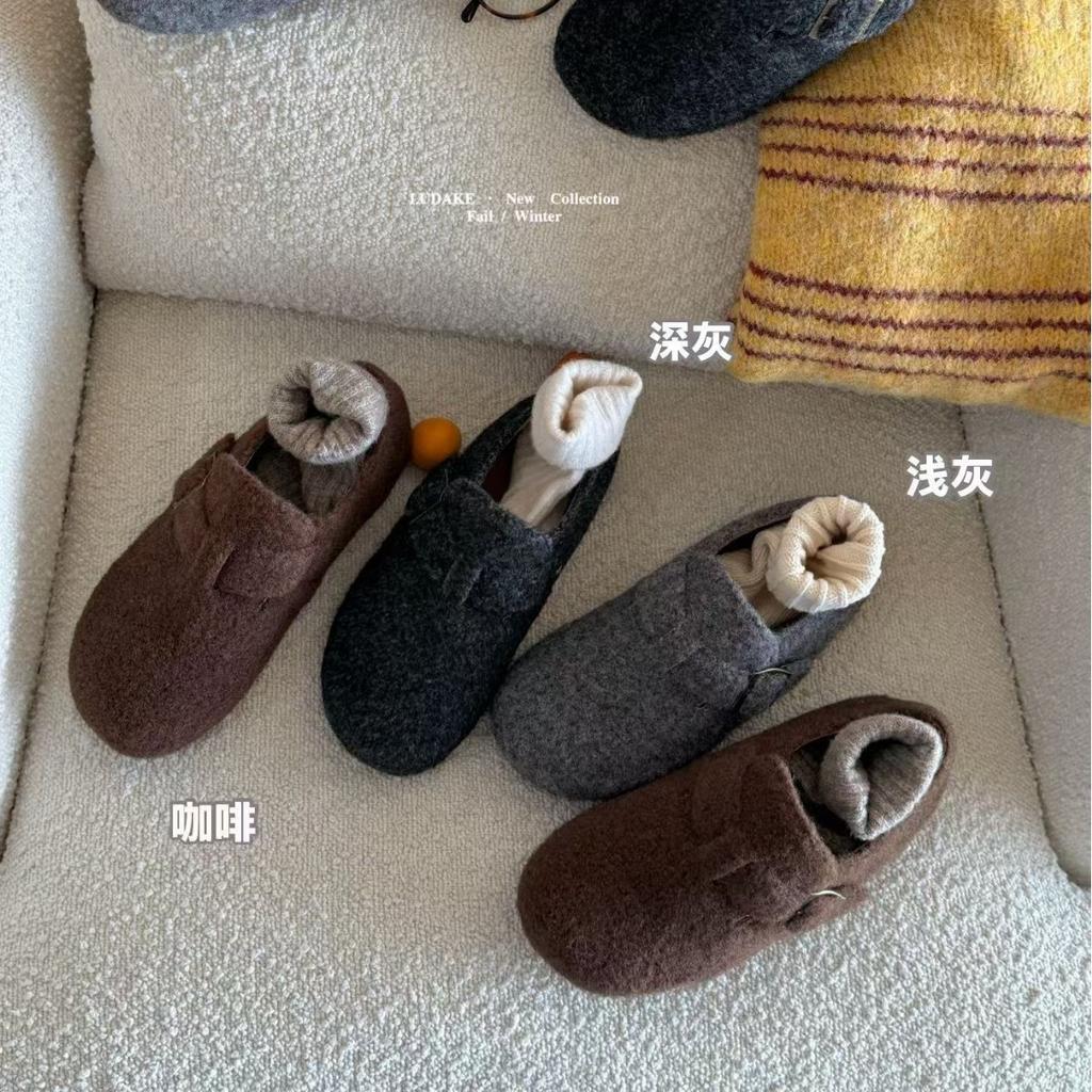 2025 autumn and winter new round head belt buckle woolen thick-soled deep mouth Boken women's single shoes casual Doudou shoes
