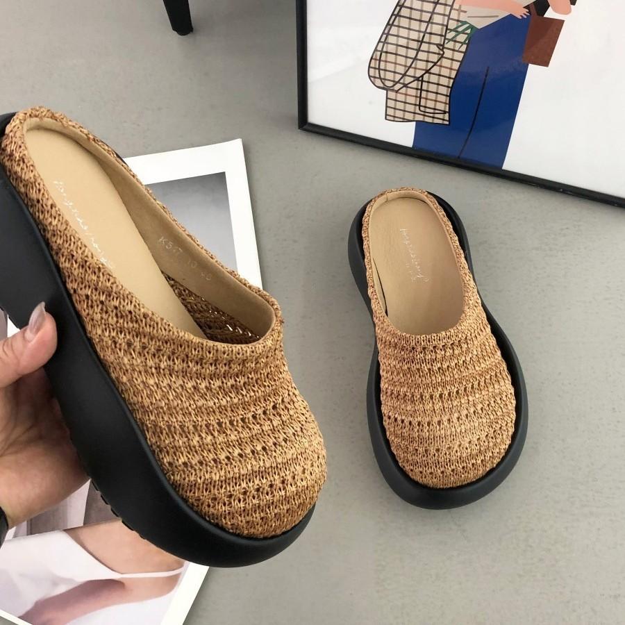 Spring and summer 2025 new thick-soled inner height increase bag head weaving one pedal outer wear slippers casual versatile women's slippers