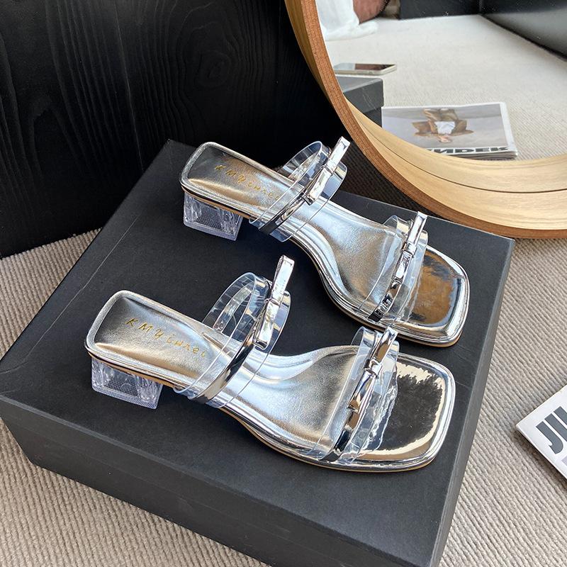 

Square head bow crystal and slippers women s 2025 new summer thick heel sandals versatile slippers 35 серебряный