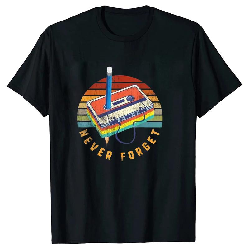 Retro 80s Cassette Tape Pattern Women T-shirt Never Forget Printed Short-sleeved Shirt Soft and Breathable Fabric Round Neck Top