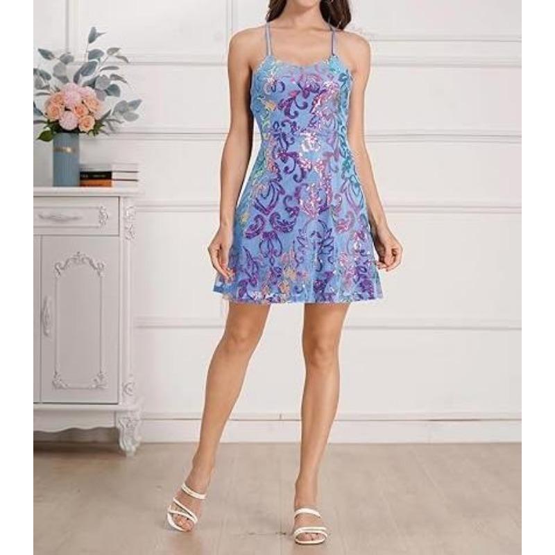Women Sequined Loose V Neck Sleeveless Strap Cocktail Party Dress