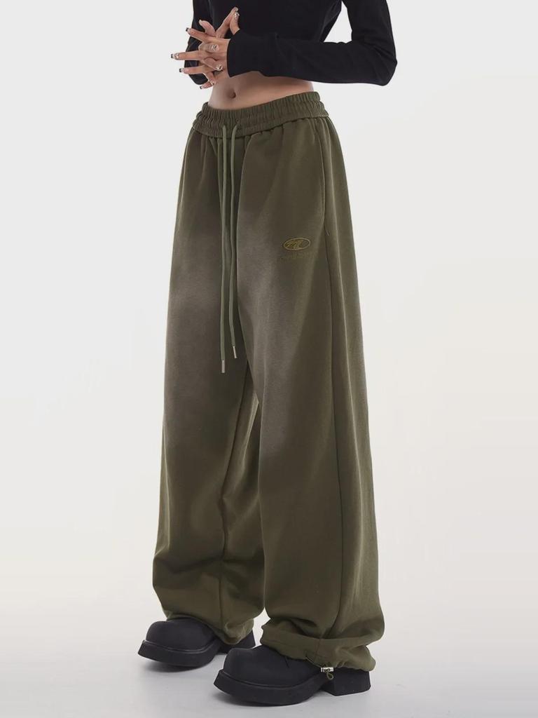 New Women's Green Sweatpants - Thick, Retro Hip-Hop Style, High-Street, Straight-Leg, for Autumn/Winter Casual Wear