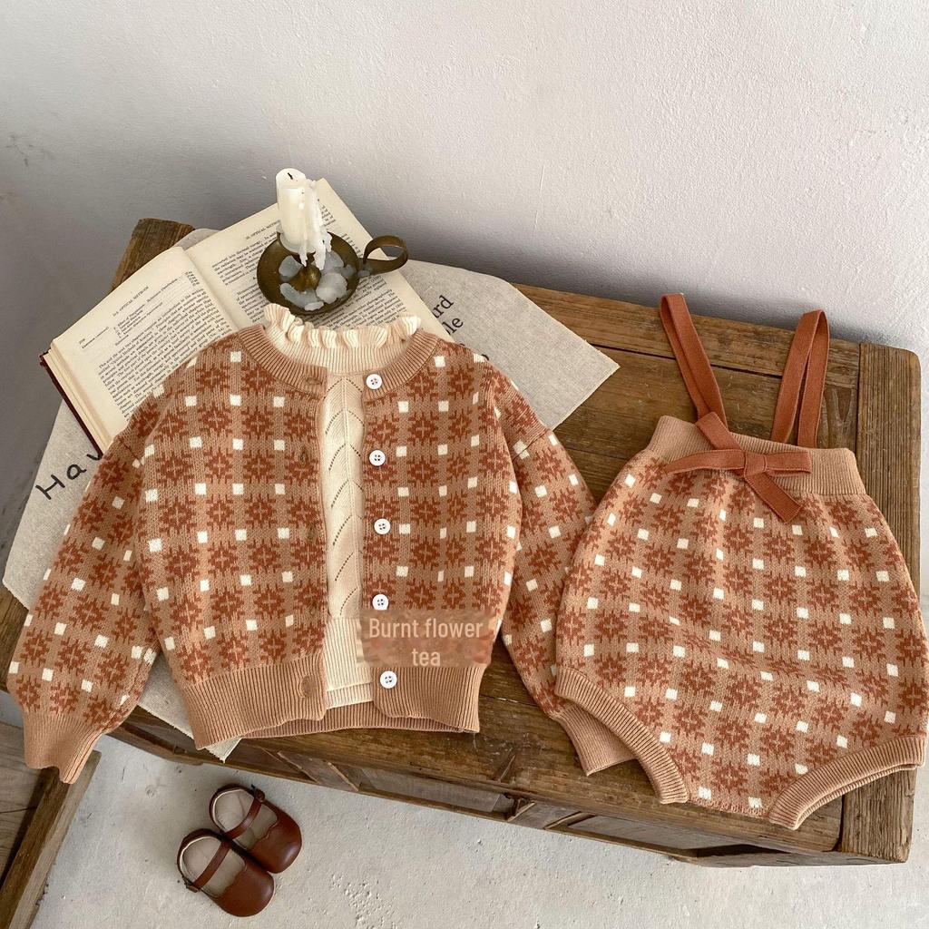 2025 Herbst Kleinkind Mädchen Übergröße Kontrast Strickjacke & Schleife Strampler Set