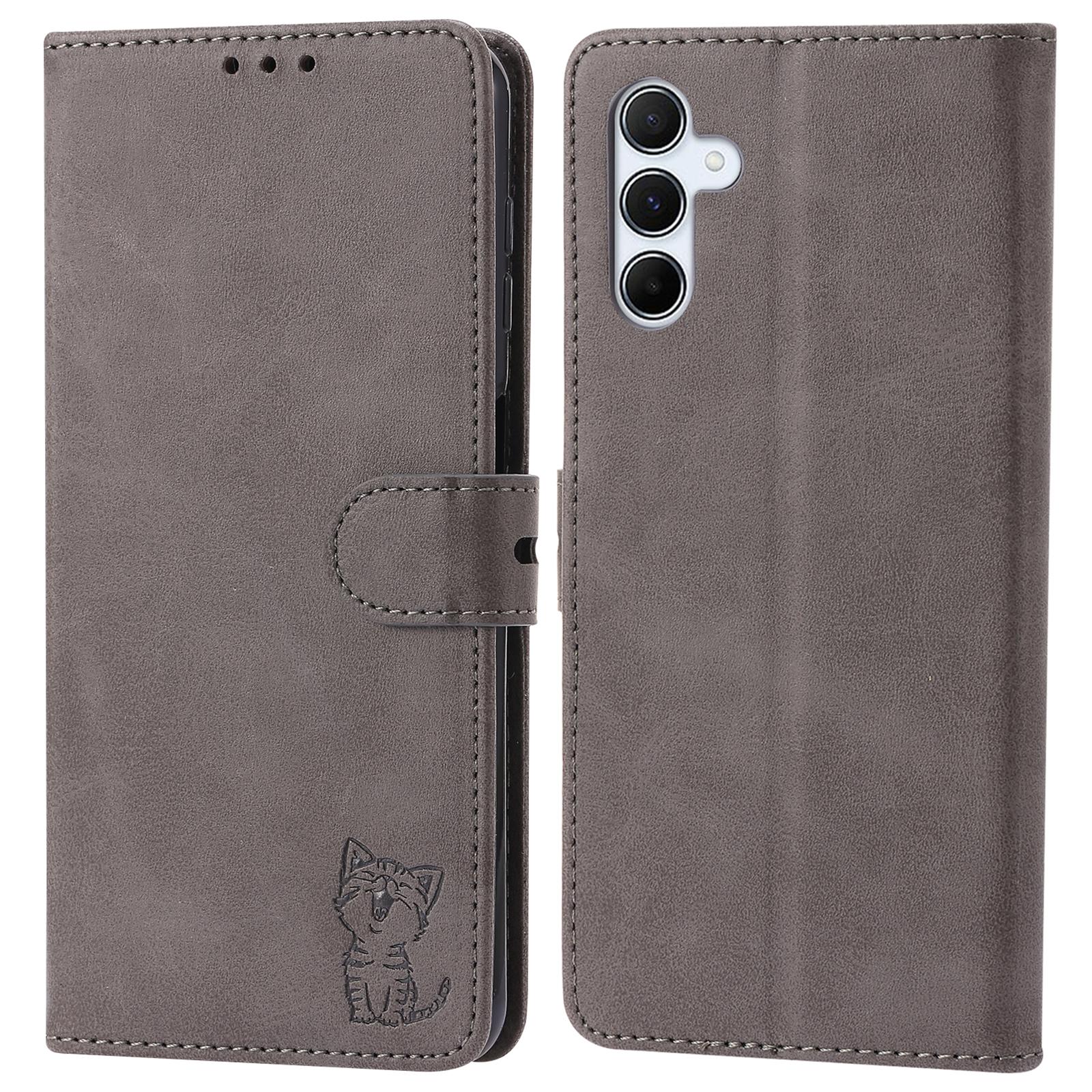 

For Samsung Galaxy A56 5G Case Happy Cat Pattern Imprinted Leather Wallet Phone Cover Grey