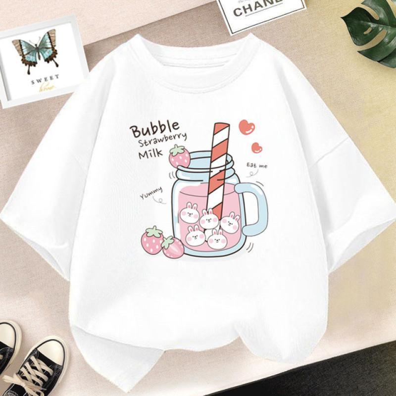 Camiseta de manga curta para meninas de 2 a 14 anos verão crianças camisetas soltas de algodão harajuku kawaii donut tops