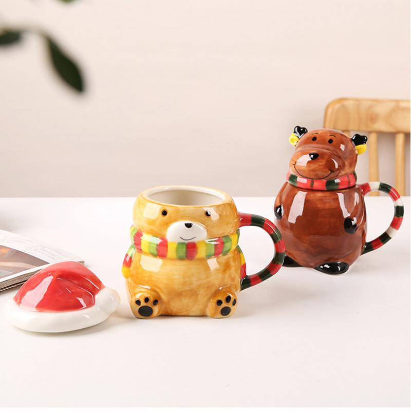 European Ceramic Coffee Mug with Lid Christmas Santa Claus Snowman Reindeer Cartoon Ceramic Breakfast Milk Mug Christmas Gift